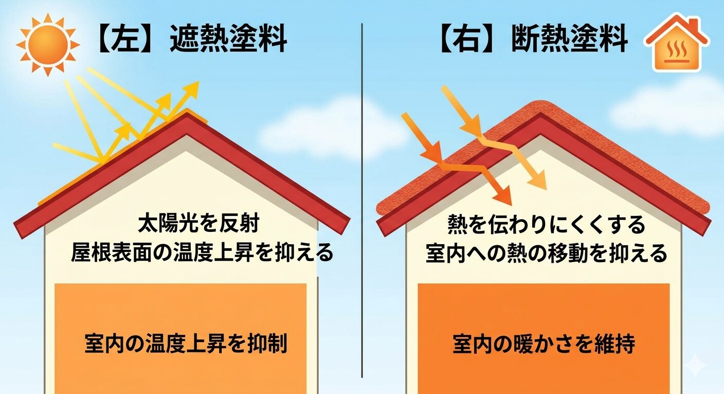 遮熱塗料と断熱塗料の違いを比較した図解