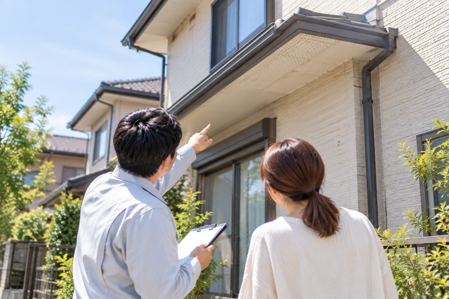 太田市で外壁塗装前の現地調査をしているイメージ画像